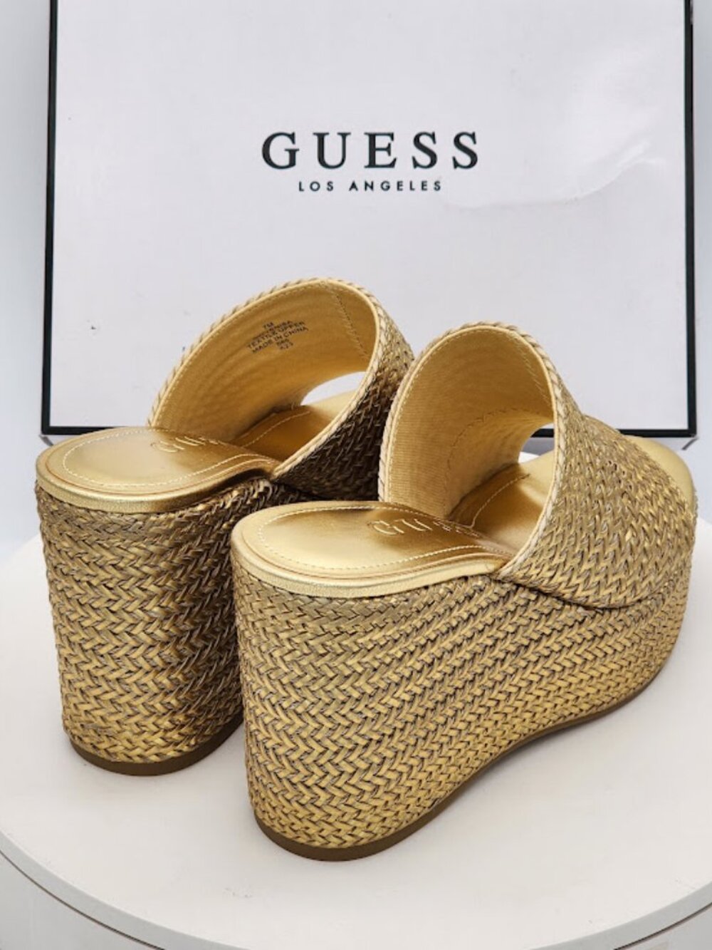 GUESS Yenisa Gold Woven Platform Wedge Slide Sandals Women's Size 7 M - Picture 3 of 9